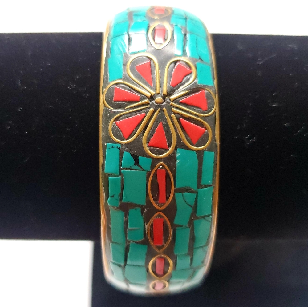 Turquoise & Coral Inlay Brass Bangle Bracelet Mosaic Floral Design Handmade